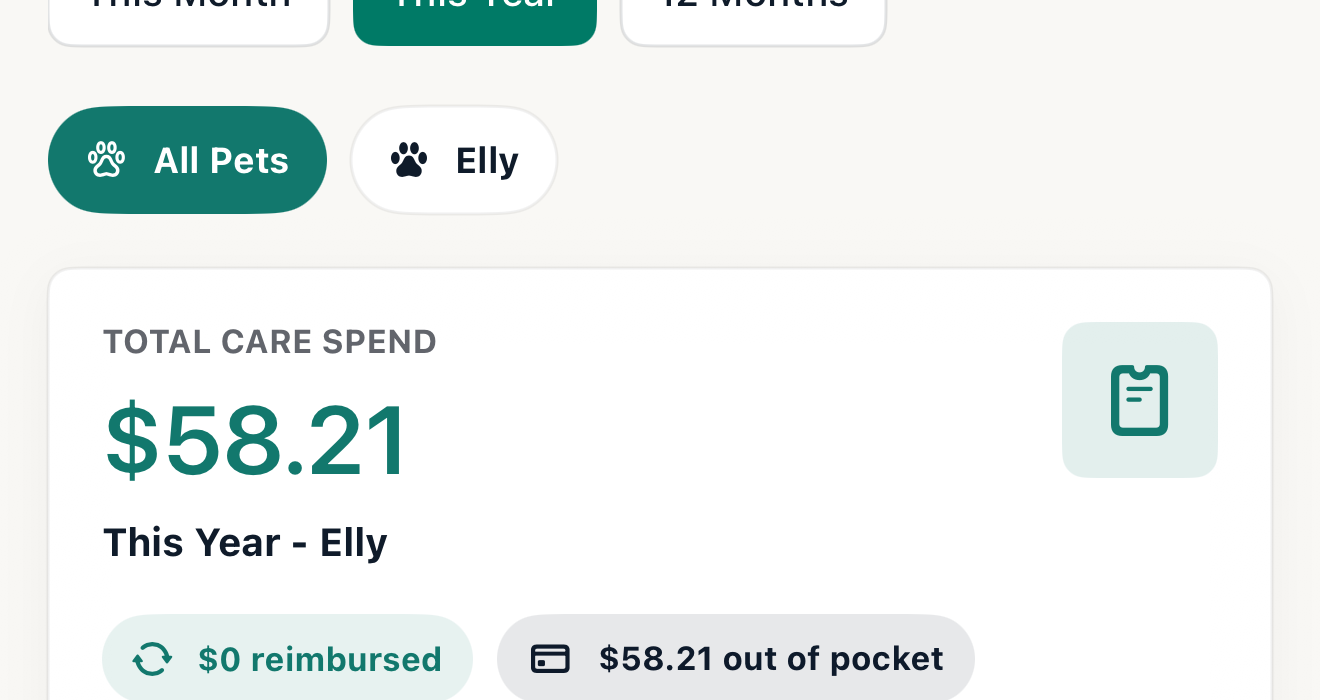 PawLedger costs dashboard with care-spend total and monthly trend