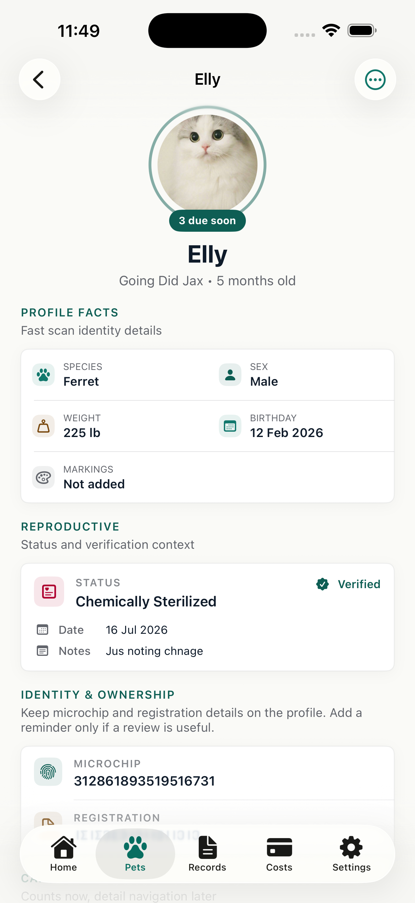 Full PawLedger pet profile with profile facts and care status