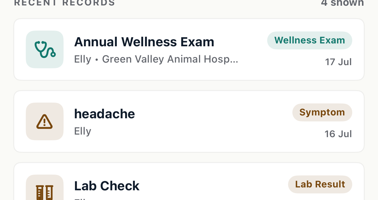 PawLedger records list showing wellness, symptoms, lab results, and vaccinations