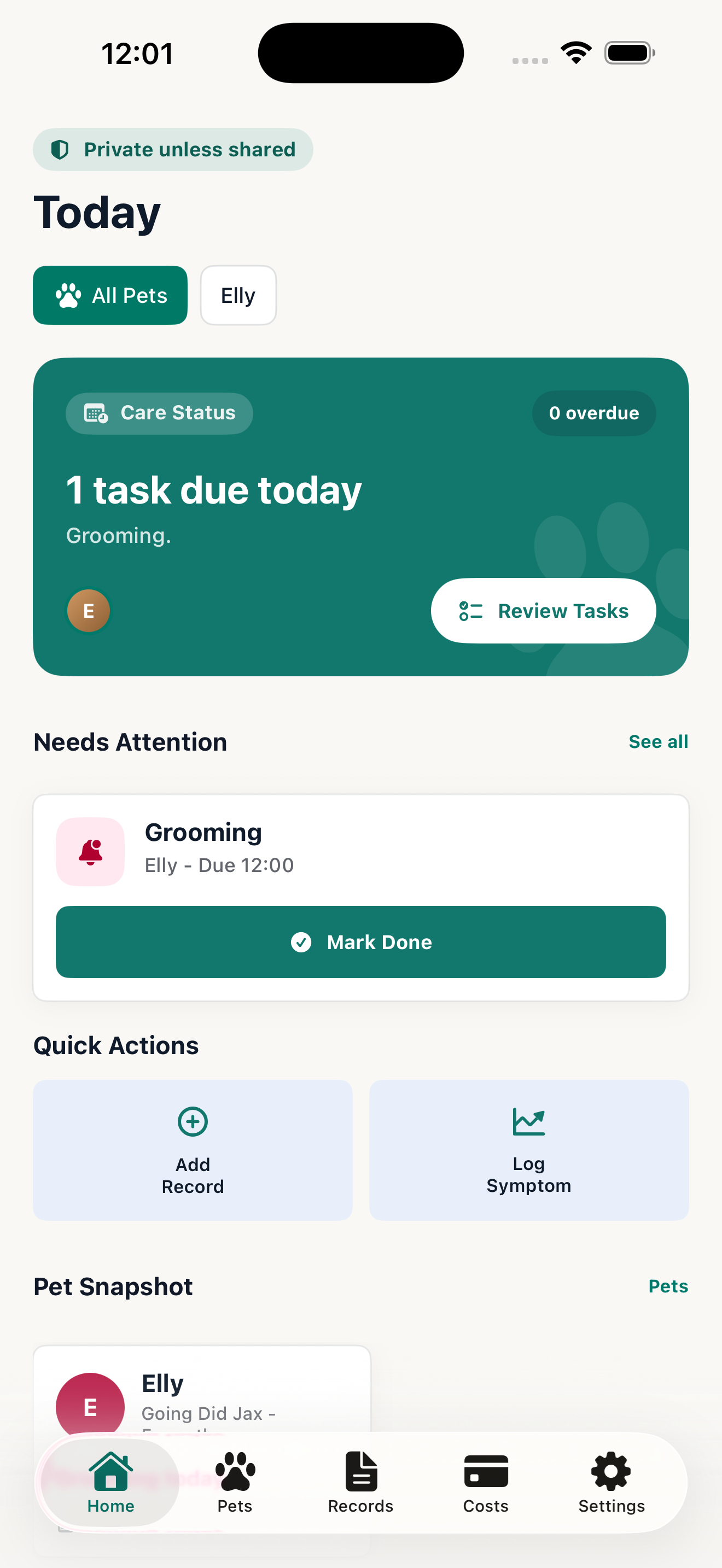 PawLedger Today dashboard with pet-care tasks and quick actions